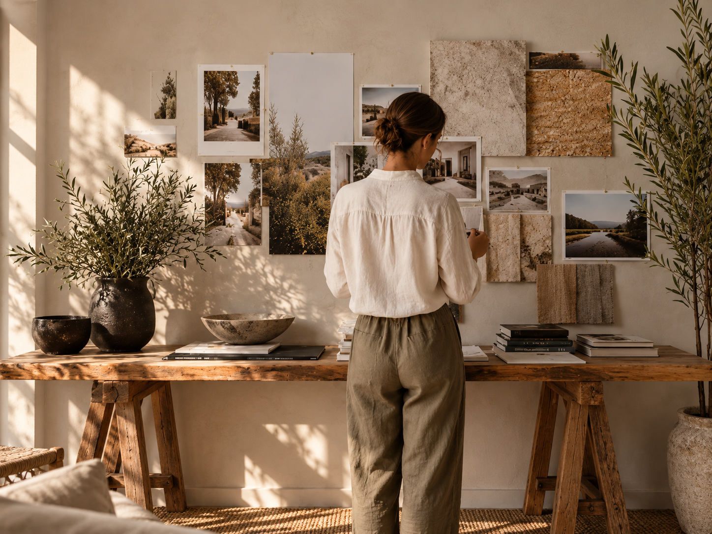 Diseñadora preparando un panel de inspiración con materiales naturales y luz lateral