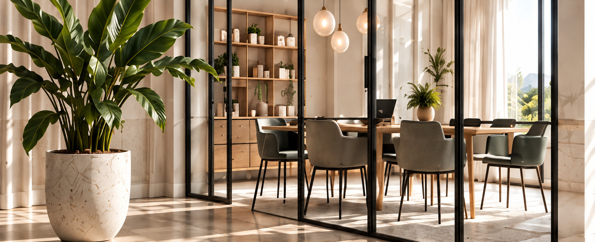 Interior comercial luminoso con vegetación y materiales naturales