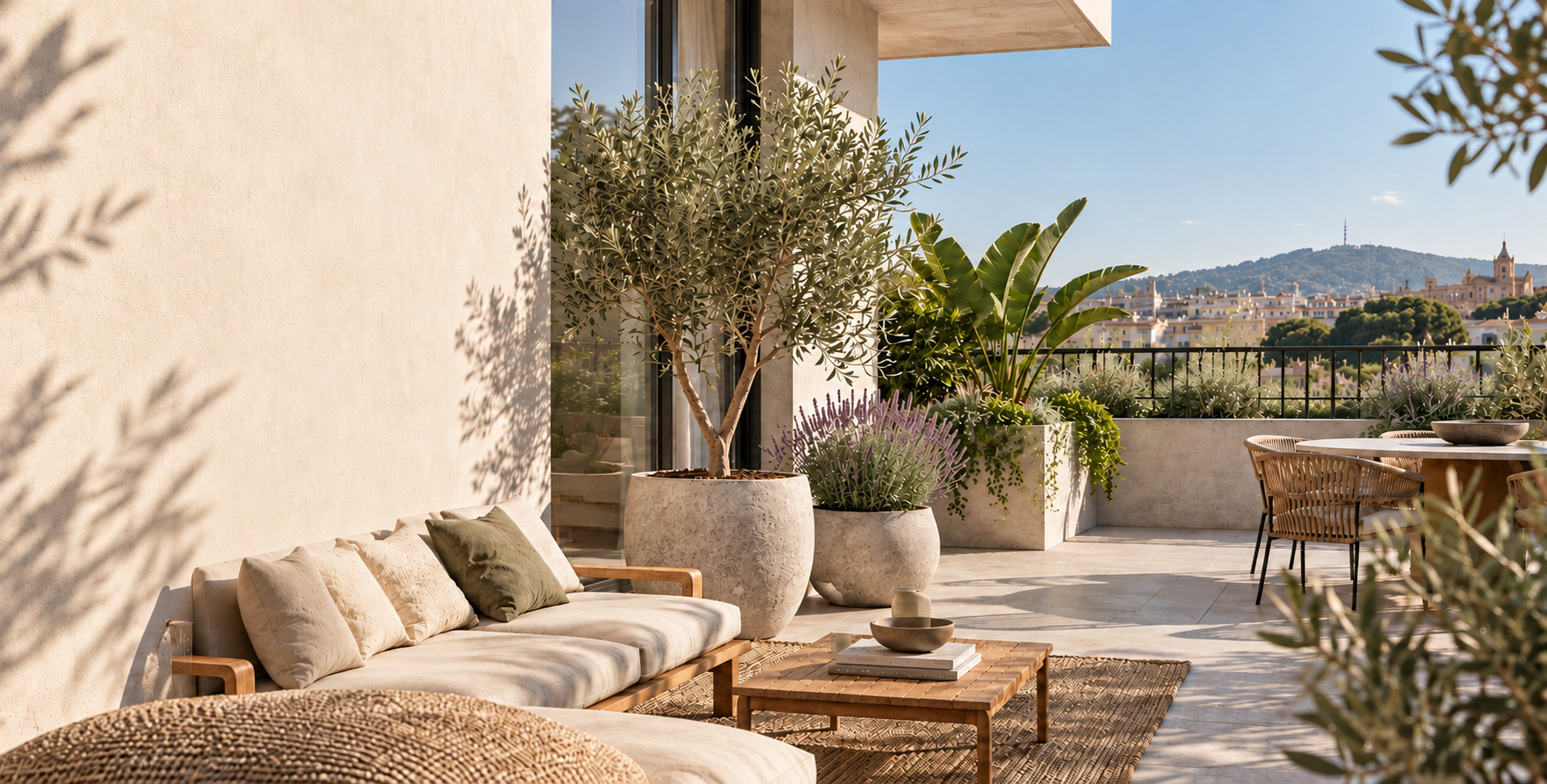 Terraza mediterr&aacute;nea con vegetaci&oacute;n, macetas y zona de estar