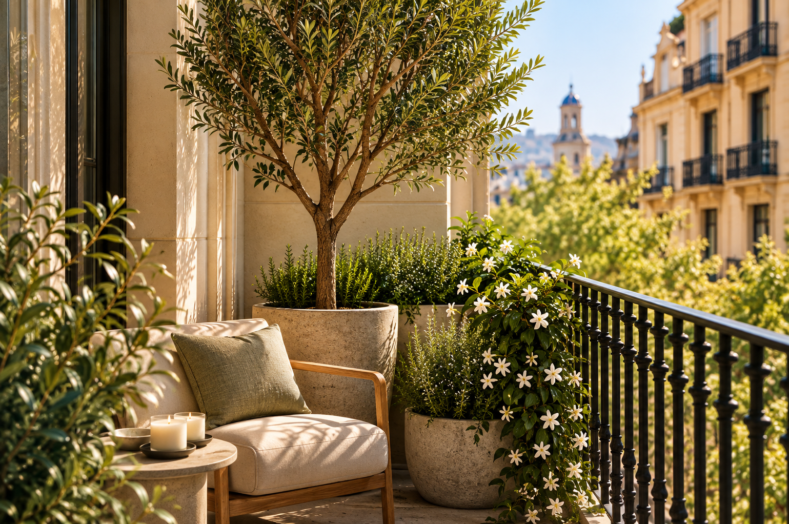 Espacio exterior mediterr&aacute;neo con vegetaci&oacute;n y mobiliario